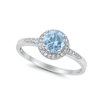 Halo Art Deco Engagement Ring Round Simulated Aquamarine CZ 925 Sterling Silver